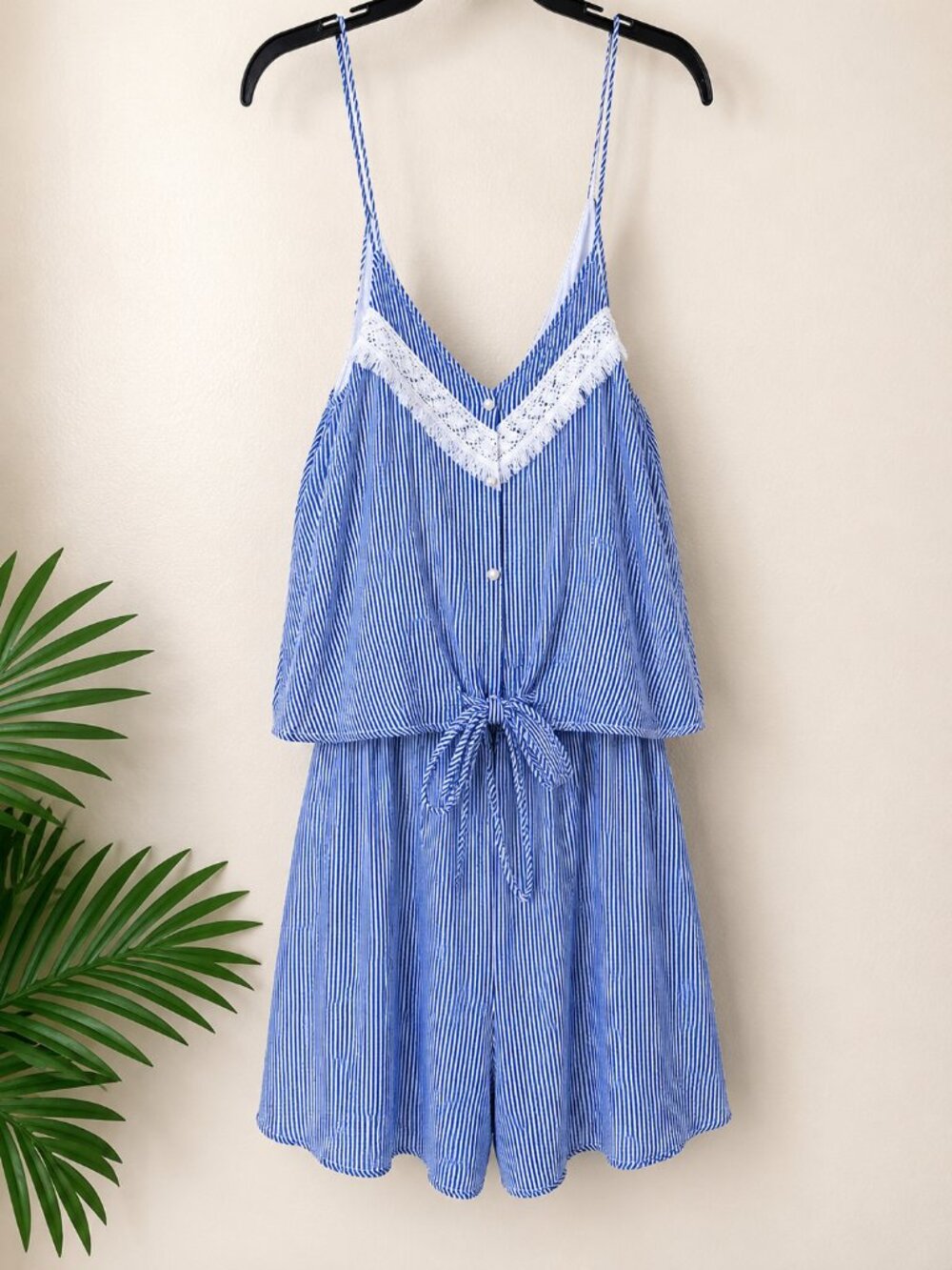 Blue White Striped Lace Trim Tie Front Romper Size Large